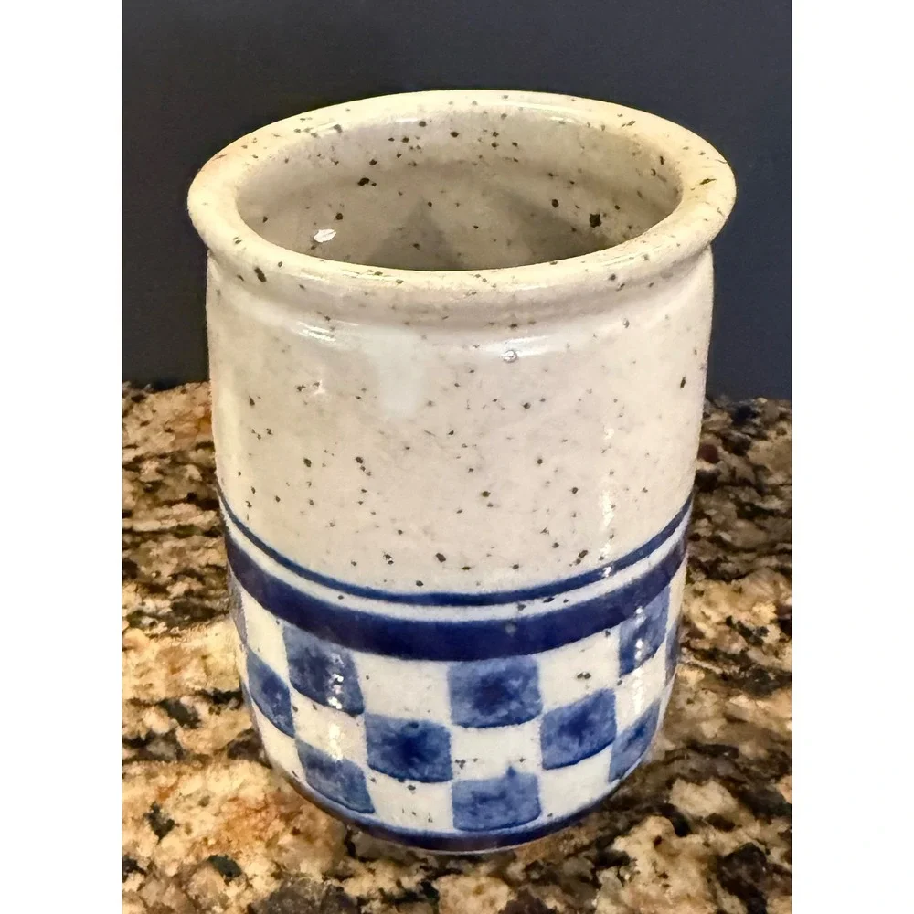 Debbie Dean 5 inch Studio Pottery Crock White Blue Rooster Checkered Stoneware